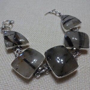 Natural BLACK TOURMALINE QUARTZ Handmade Sterling Bracelet Size 8 1/4" #802B